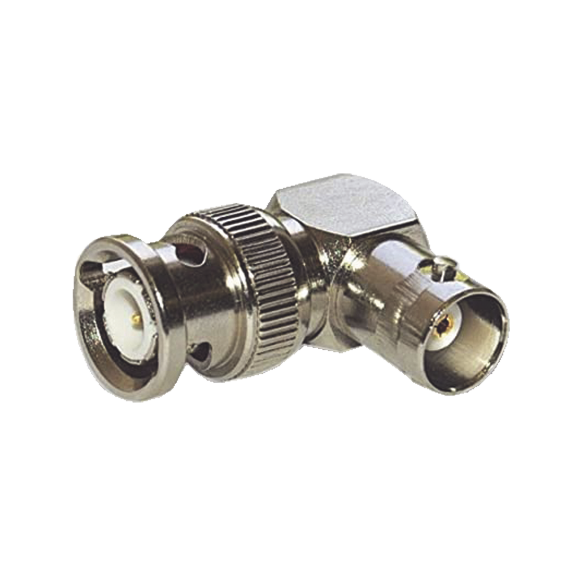 Adaptador en Ángulo Recto para 75 Ohm, de Conector BNC Macho a BNC Hembra (Monitor), Níquel/ Oro/ Teflón.