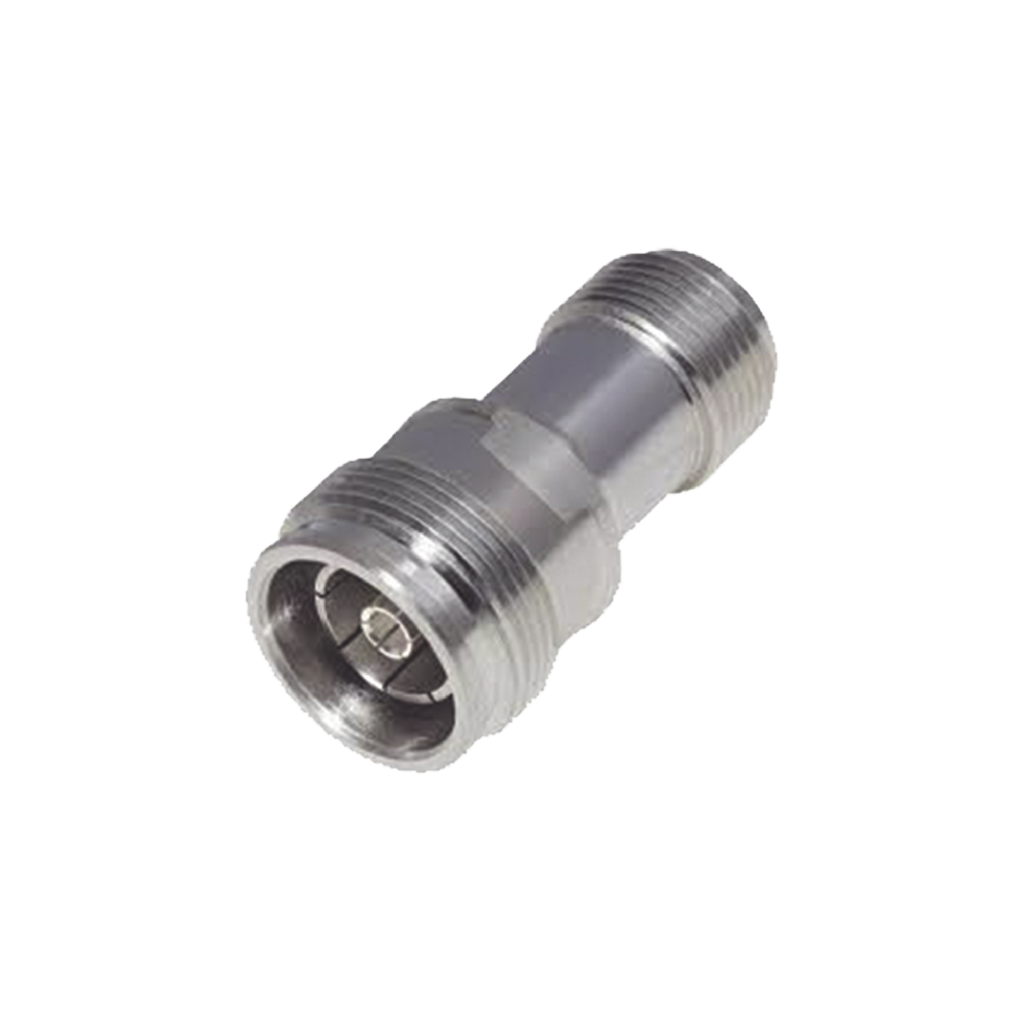Adaptador en Línea de Conector 4.3-10 Hembra a N Hembra, Bronce Blanco/ Plata/ Teflón.