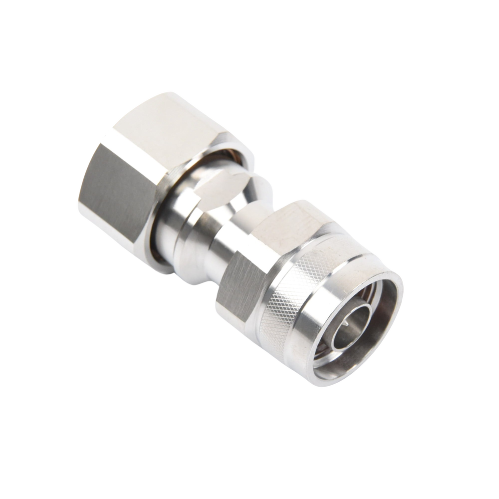 Adaptador en Línea de Conector 4.3-10 Macho a N Macho, Bronce Blanco/ Plata/ Teflón.