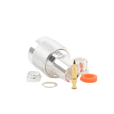 Conector N Macho de Rosca para Cables RG-8/X, LMR-240, BELDEN 9258, Plata / Oro / Teflón.