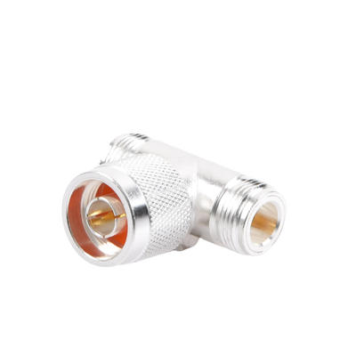 Adaptador en T, de Conector N Macho a Doble N Hembra, Plata/ Oro/ Teflón.