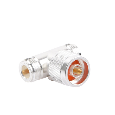 Adaptador en T, de Conector N Macho a Doble N Hembra, Plata/ Oro/ Teflón.