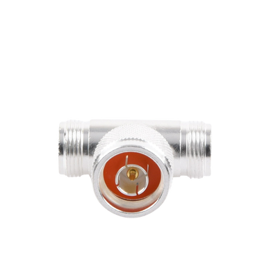 Adaptador en T, de Conector N Macho a Doble N Hembra, Plata/ Oro/ Teflón.
