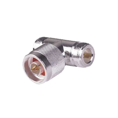 Adaptador en T, de Conector N Macho a Doble N Hembra, Plata/ Oro/ Teflón.