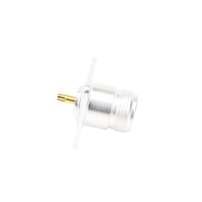 Conector N Hembra para Montaje Frontal en Panel con 4 Perforaciones a 18 mm, Plata/ Oro/ Teflón.
