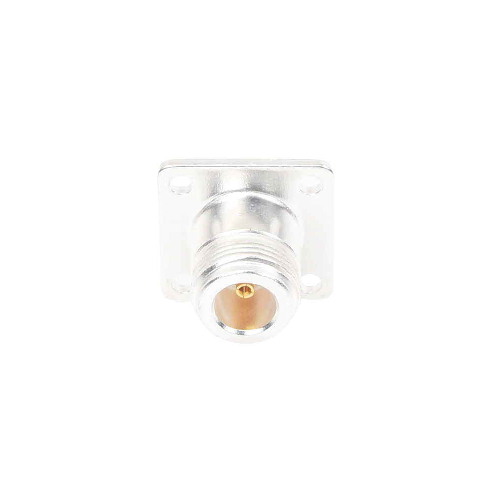 Conector N Hembra para Montaje Frontal en Panel con 4 Perforaciones a 18 mm, Plata/ Oro/ Teflón.