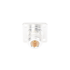 Conector N Hembra para Montaje Frontal en Panel con 4 Perforaciones a 18 mm, Plata/ Oro/ Teflón.