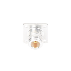 Conector N Hembra para Montaje Frontal en Panel con 4 Perforaciones a 18 mm, Plata/ Oro/ Teflón.