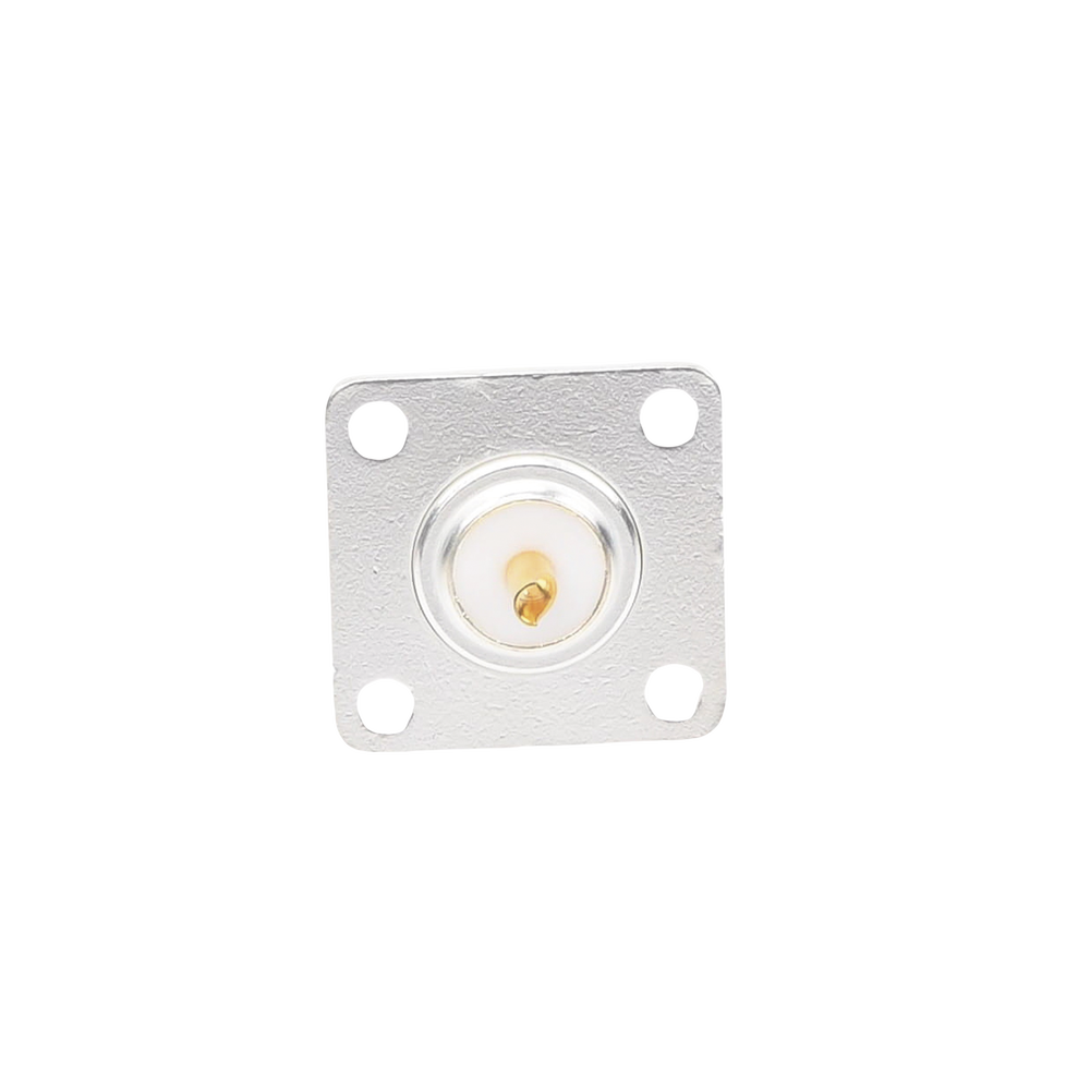 Conector N Hembra para Montaje Frontal en Panel con 4 Perforaciones a 18 mm, Plata/ Oro/ Teflón.