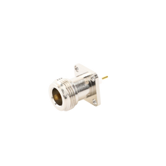 Conector N Hembra de Montaje de Panel con 4 perforaciones a 12.7 mm, soldable.