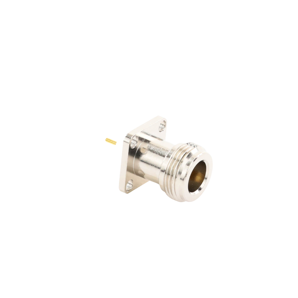 Conector N Hembra de Montaje de Panel con 4 perforaciones a 12.7 mm, soldable.