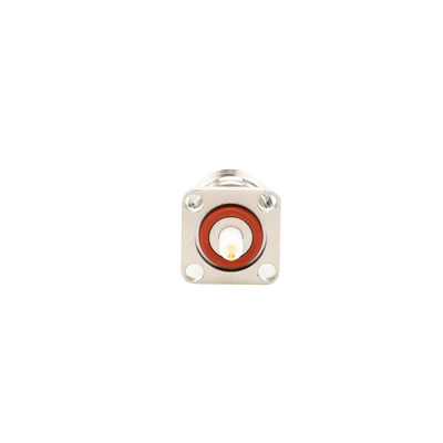 Conector N Hembra de Montaje de Panel con 4 perforaciones a 12.7 mm, soldable.