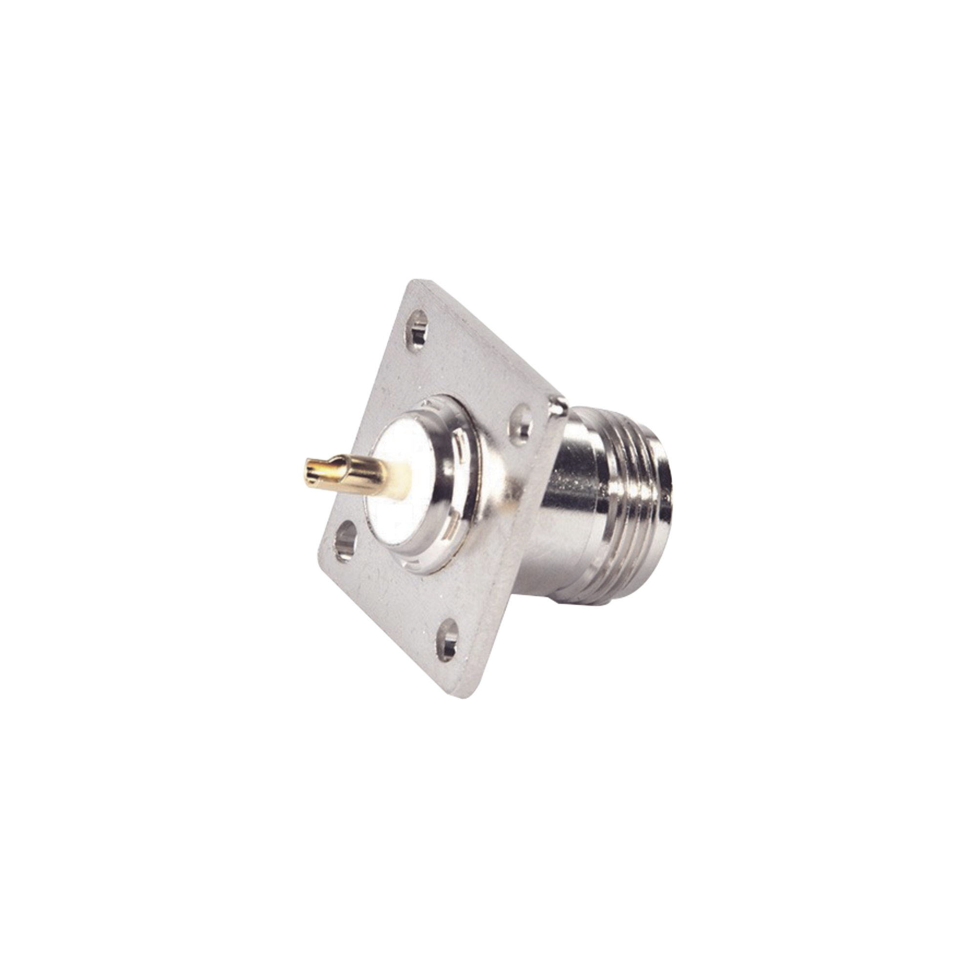 Conector N Hembra para Montaje en Panel, 4 perforaciones a 18 mm, PIN Largo, Plata/ Oro/ Teflón.