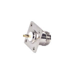 Conector N Hembra para Montaje en Panel, 4 perforaciones a 18 mm, PIN Largo, Plata/ Oro/ Teflón.
