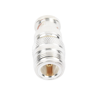 Adaptador en Linea para 50 Ohm, de Conector N Hembra a BNC Macho, Plata /Oro /Teflón.