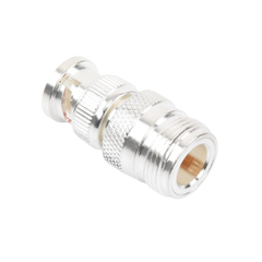 Adaptador en Linea para 50 Ohm, de Conector N Hembra a BNC Macho, Plata /Oro /Teflón.