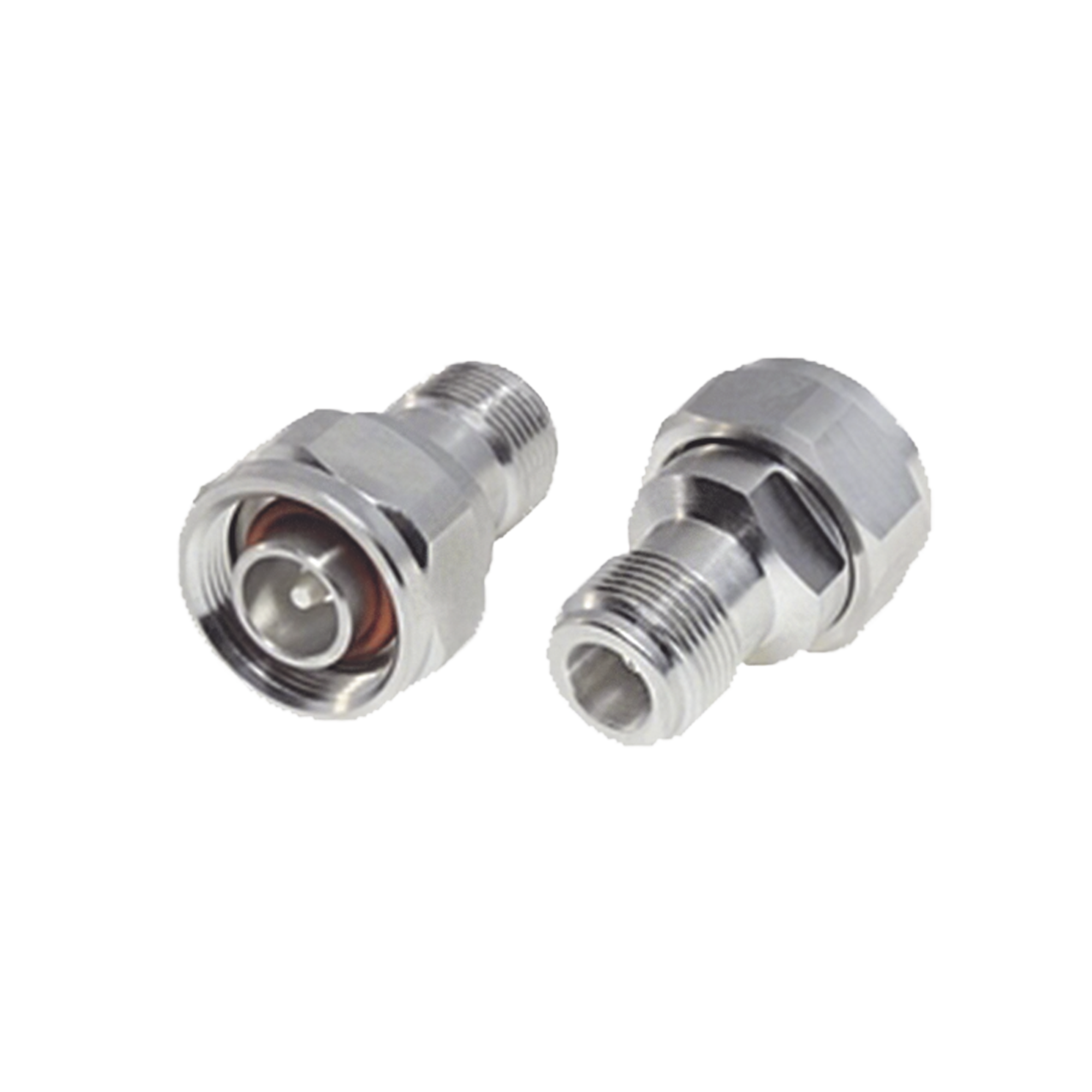 Adaptador en Línea, de N Hembra a (Mini) DIN 4.1-9.5 Macho, PIM -155 dBc, Bronce Blanco/ Plata/ Teflón.