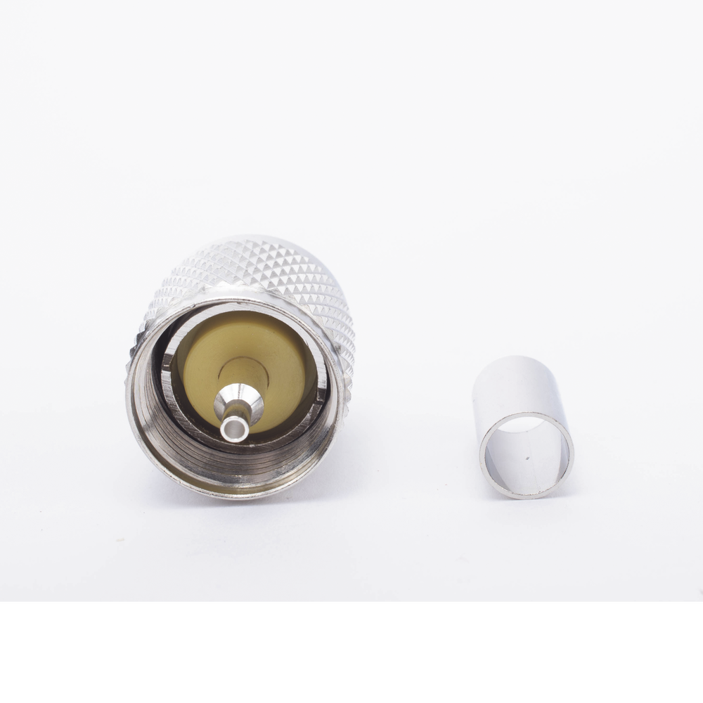 Conector UHF Macho (PL-259) de Anillo Plegable para Cable Coaxial RG-8/X, 9258, LMR-240,  Níquel/ Plata/ Baquelita.