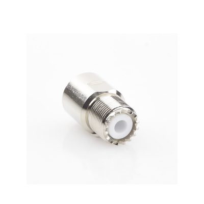 Conector UHF Hembra (SO-239) en Línea de Rosca para RG-8/U, 9913, LMR-400, Níquel/ Plata/ Teflón.