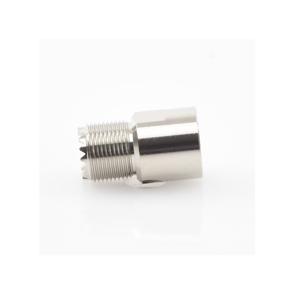 Conector UHF Hembra (SO-239) en Línea de Rosca para RG-8/U, 9913, LMR-400, Níquel/ Plata/ Teflón.