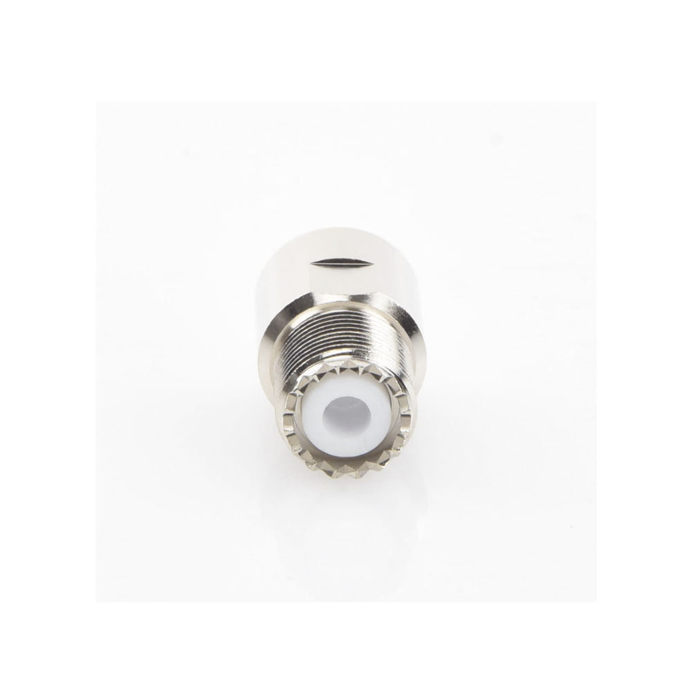 Conector UHF Hembra (SO-239) en Línea de Rosca para RG-8/U, 9913, LMR-400, Níquel/ Plata/ Teflón.