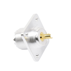 Conector UHF Hembra (SO-239) para Montaje de Chasis con 4 Hoyos a 18 mm, Terminal Soldable, Plata/ Oro/ Teflón.