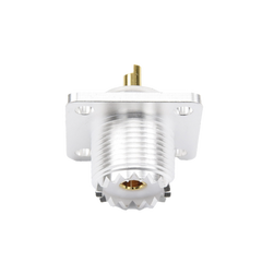 Conector UHF Hembra (SO-239) para Montaje de Chasis con 4 Hoyos a 18 mm, Terminal Soldable, Plata/ Oro/ Teflón.
