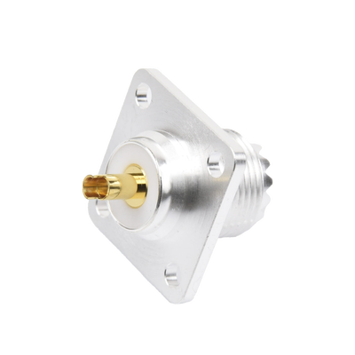 Conector UHF Hembra (SO-239) para Montaje de Chasis con 4 Hoyos a 18 mm, Terminal Soldable, Plata/ Oro/ Teflón.