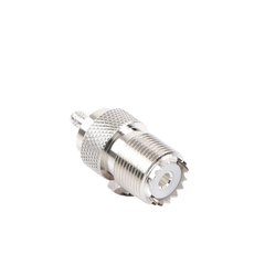Conector UHF Hembra (SO-239) en Línea, de Anillo Plegable para Cable RG-58/U, RG-142/U, Níquel/ Plata/ Delrin.