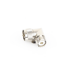 Adaptador en Ángulo Recto, de Conector UHF Macho (PL-259) a UHF Hembra (SO-239), Níquel/ Oro/ Delrin.