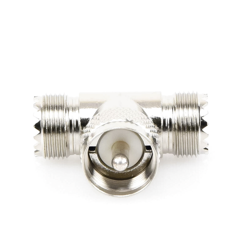 Adaptador en forma T, de Conector UHF Macho (PL-259) a Doble UHF Hembra (SO-239), Níquel/ Plata/ Delrin.