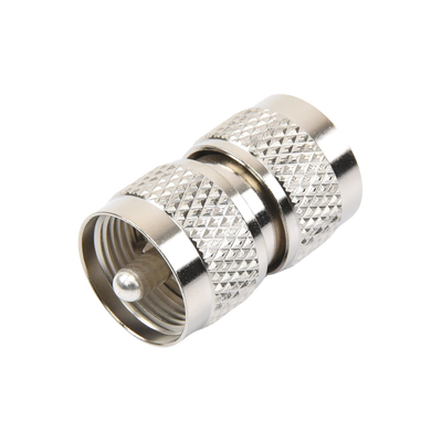 Adaptador Barril en Línea, de Conector UHF Macho (PL-259) a UHF Macho (PL-259), Níquel/ Plata/ Teflón.