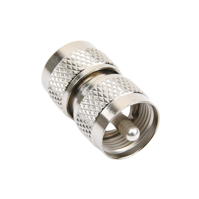Adaptador Barril en Línea, de Conector UHF Macho (PL-259) a UHF Macho (PL-259), Níquel/ Plata/ Teflón.