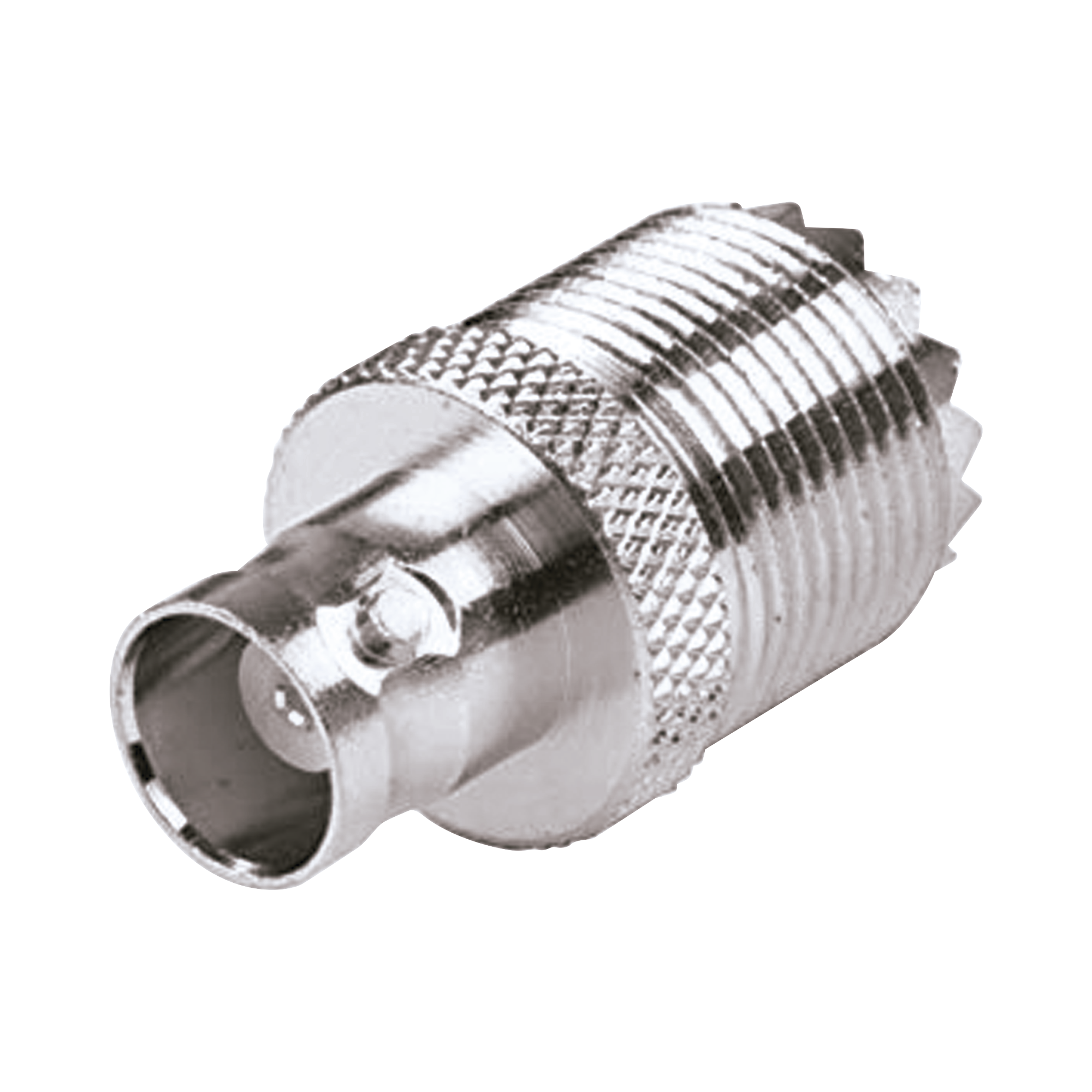 Adaptador en Linea para 50 Ohm, Conector UHF Hembra (SO-239) a BNC Hembra, Níquel/ Plata/ Delrin.