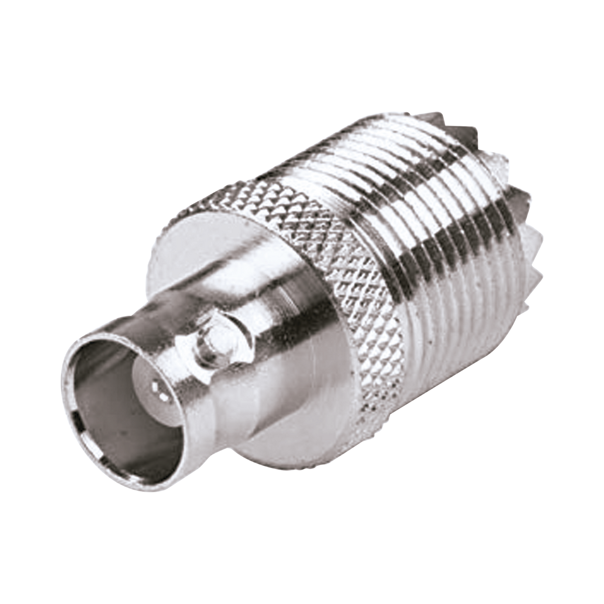Adaptador en Linea para 50 Ohm, Conector UHF Hembra (SO-239) a BNC Hembra, Níquel/ Plata/ Delrin.