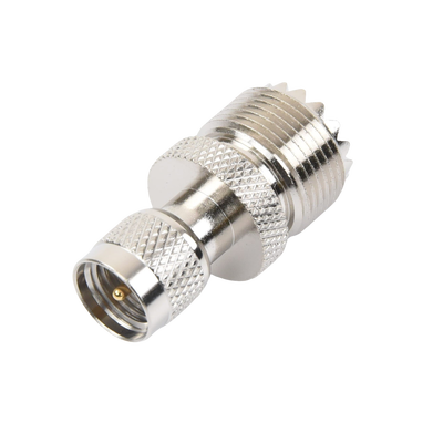 Adaptador en Línea de Conector Mini UHF Macho a UHF Hembra (SO-239), Níquel/ Oro/ Teflón.