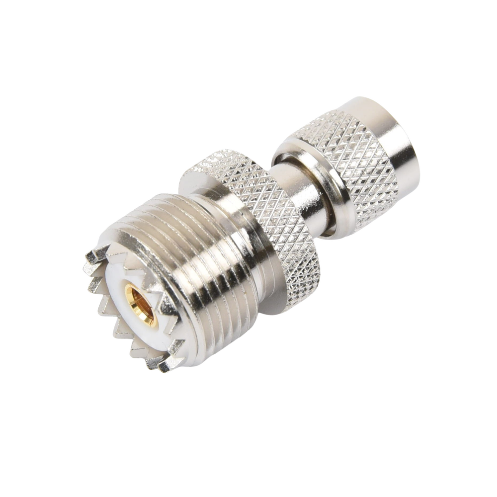Adaptador en Línea de Conector Mini UHF Macho a UHF Hembra (SO-239), Níquel/ Oro/ Teflón.