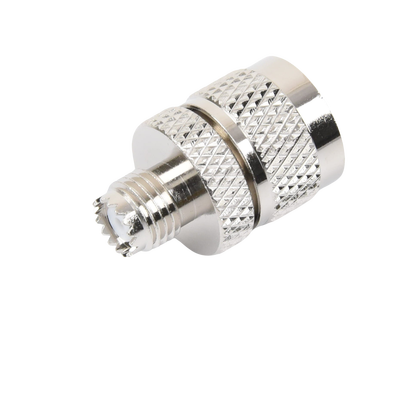 Adaptador en Línea de Conector Mini UHF Hembra a UHF Macho (PL-259), Níquel/ Oro/ Teflón.