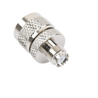 Adaptador en Línea de Conector Mini UHF Hembra a UHF Macho (PL-259), Níquel/ Oro/ Teflón.