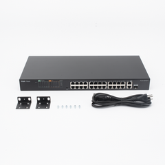 Switch PoE+ no Administrable, hasta 370 Watts Ideal para CCTV, 24 Puertos 10/100 PoE+, 2 Uplinks Gigabit (1 SFP COMBO)