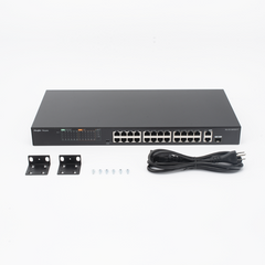 Switch PoE+ no Administrable, hasta 370 Watts Ideal para CCTV, 24 Puertos 10/100 PoE+, 2 Uplinks Gigabit (1 SFP COMBO)