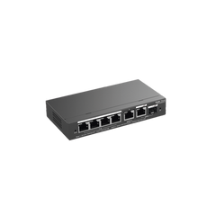 Switch Administrable con 4 puertos Gigabit PoE, 2 Uplink Gigabit y 1 Uplink Gigabit para Fibra SFP en combo, gestión gratuita desde la nube
