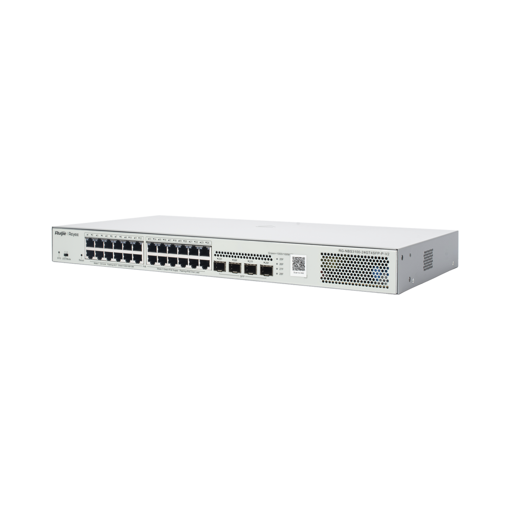 Switch Administrable L2 PoE+ hasta 370W, 24 Puertos Eth 1G, 4 puertos SFP 1G, Administración Remota en la Nube.