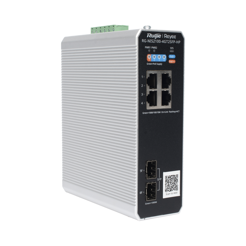 Switch Industrial PoE+ hasta 180 watts , Ideal para temperaturas Extremas y protección contra descargas, 1 puerto PoE++ 60W y 3 puertos PoE+ 30W, 2 SFP Uplink