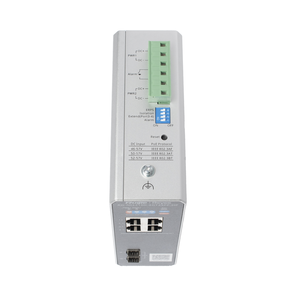 Switch Industrial PoE+ hasta 180 watts , Ideal para temperaturas Extremas y protección contra descargas, 1 puerto PoE++ 60W y 3 puertos PoE+ 30W, 2 SFP Uplink