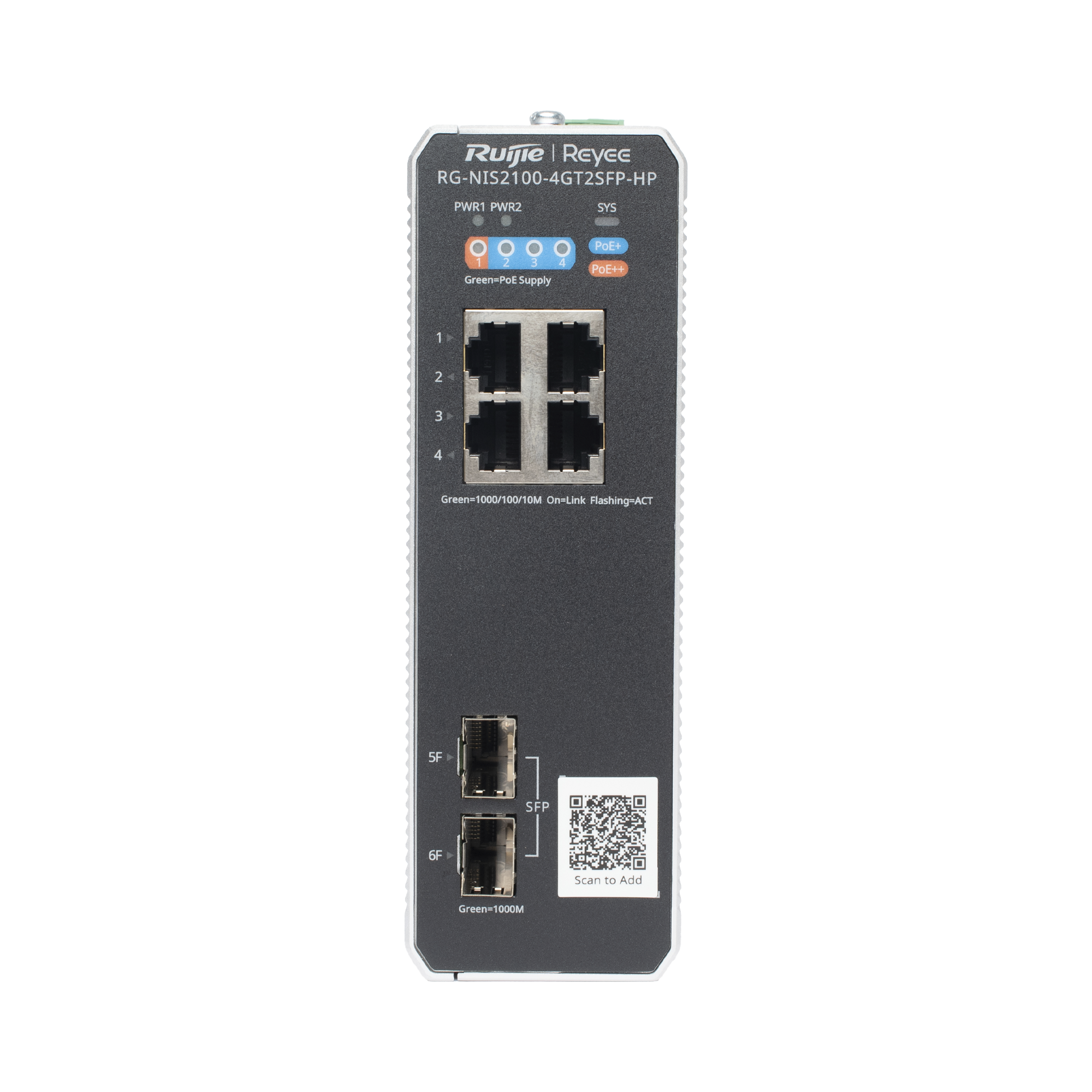 Switch Industrial PoE+ hasta 180 watts , Ideal para temperaturas Extremas y protección contra descargas, 1 puerto PoE++ 60W y 3 puertos PoE+ 30W, 2 SFP Uplink