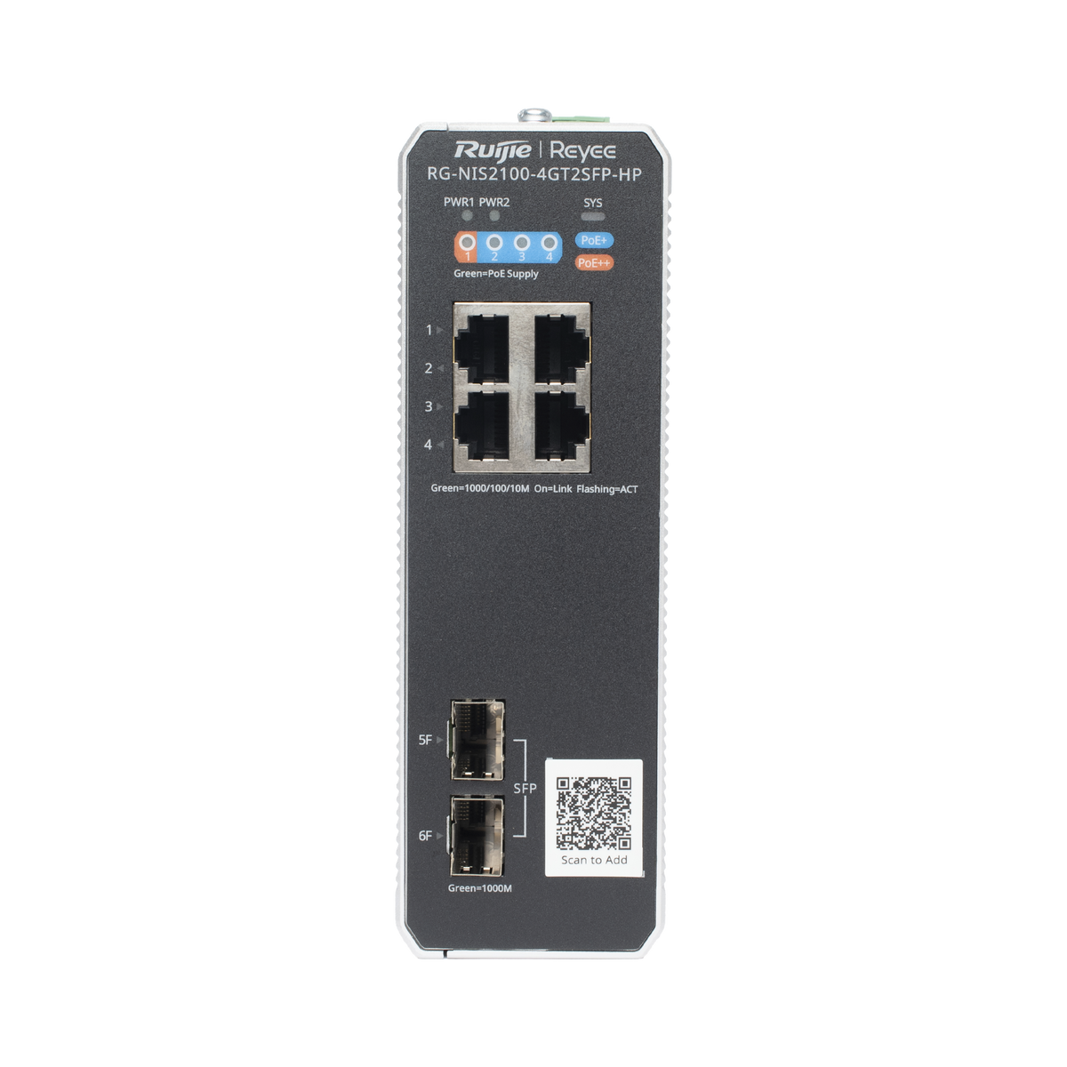 Switch Industrial PoE+ hasta 180 watts , Ideal para temperaturas Extremas y protección contra descargas, 1 puerto PoE++ 60W y 3 puertos PoE+ 30W, 2 SFP Uplink