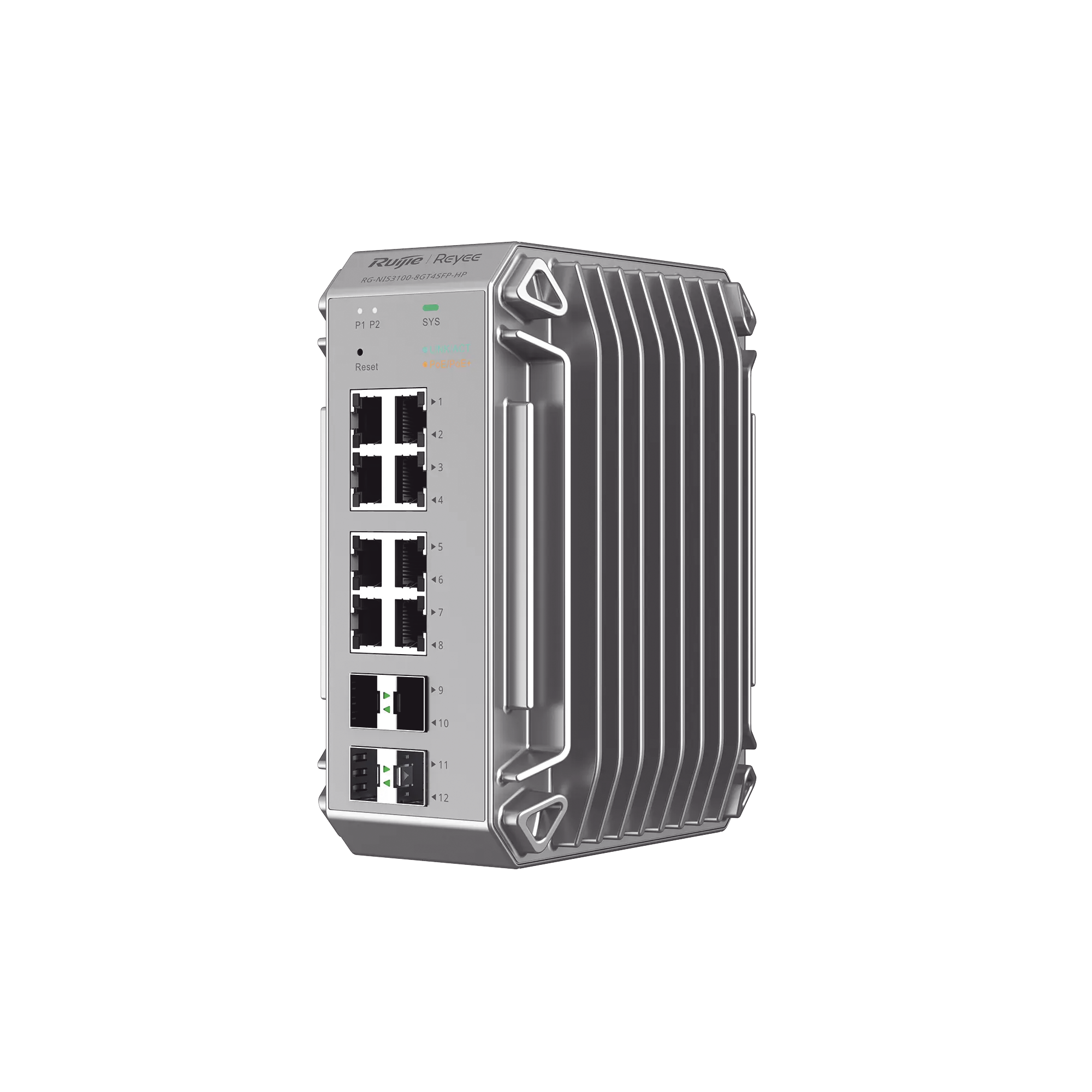 Switch Industrial PoE, Ideal para temperaturas Extremas y protección contra descargas, 8 Puertos Gigabit PoE 802.3 af/at, 4 Puertos SFP Administrable Cloud