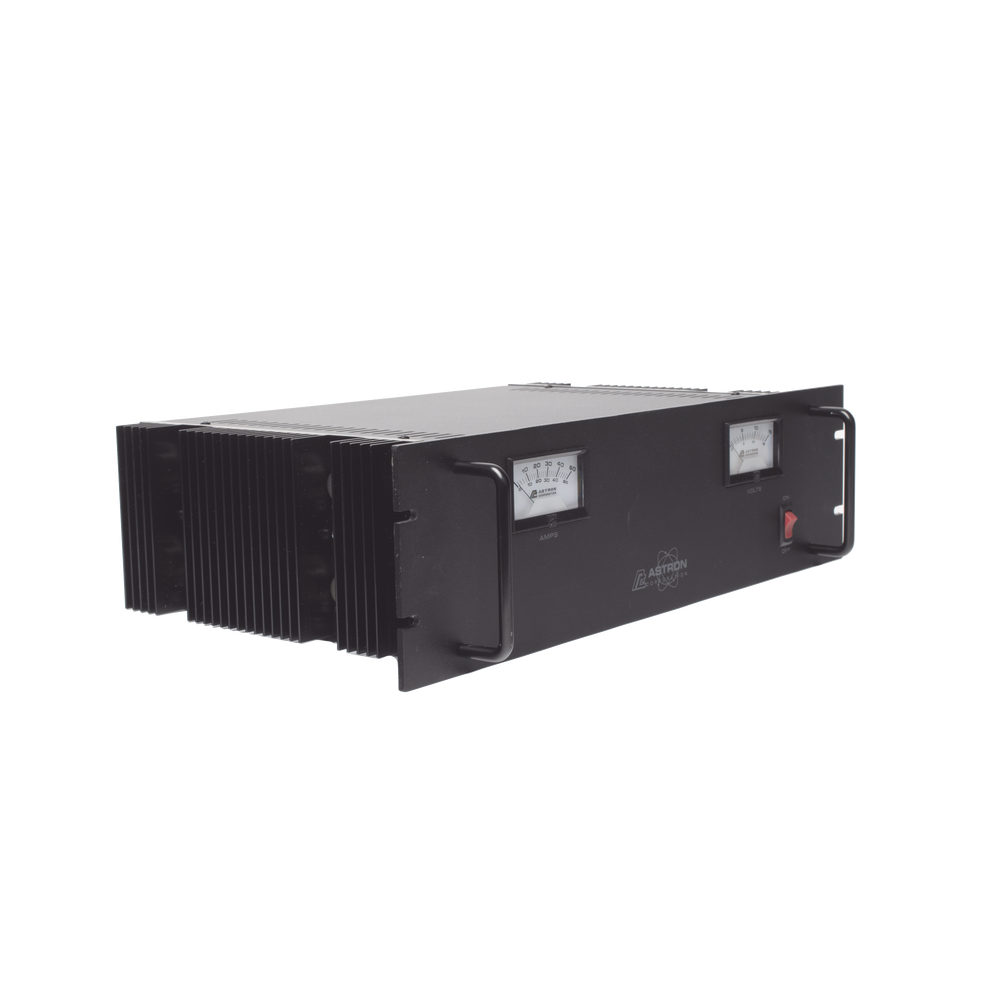Fuente de poder 13.8Vcc, 50A, lineal regulada con circuito cargador de baterías, medidores, para instalación en rack
