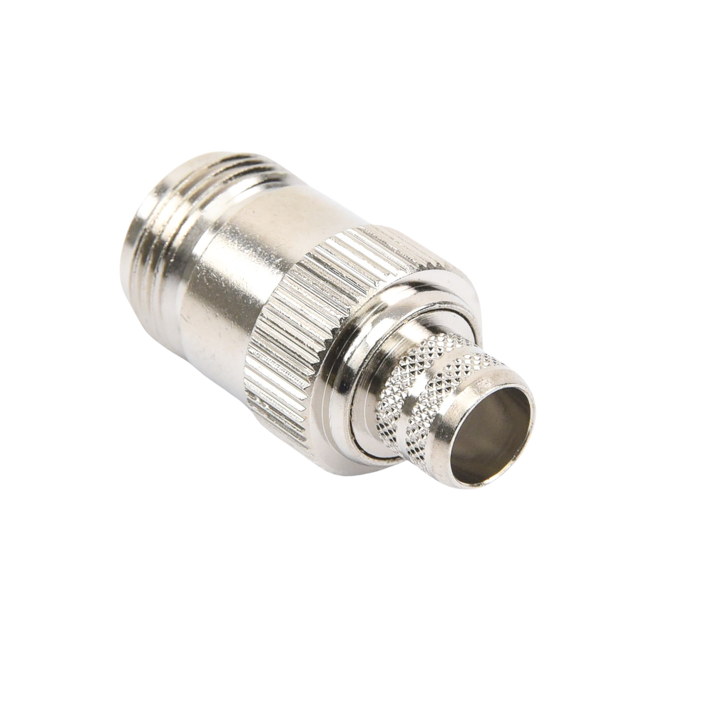 Conector N Hembra Inverso de Anillo Plegable para Cables 9913, RG-8/U, LMR-400, Grupo I, Níquel/ Oro/ Teflón.